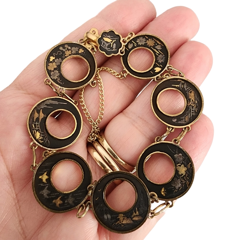 VINTAGE JAPANESE Damascene Bracelet Kyoto Gold Inlay 24K Silver Black Panel RARE - Picture 16 of 16